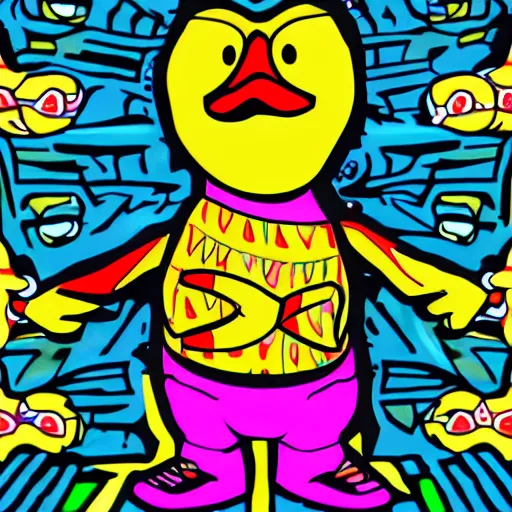 Prompt: rapper duck with arms out wide in psychedelic style front view