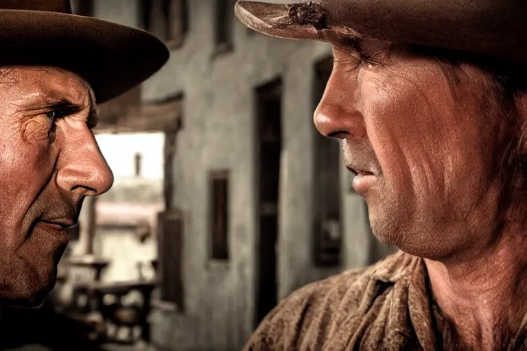 Prompt: vfx film closeup, oldtimer over the shoulder argument in the saloon of an old west town, western film, flat color profile low - key lighting award winning photography arri alexa cinematography, hyper real photorealistic cinematic beautiful natural skin, famous face, atmospheric warm colorgrade