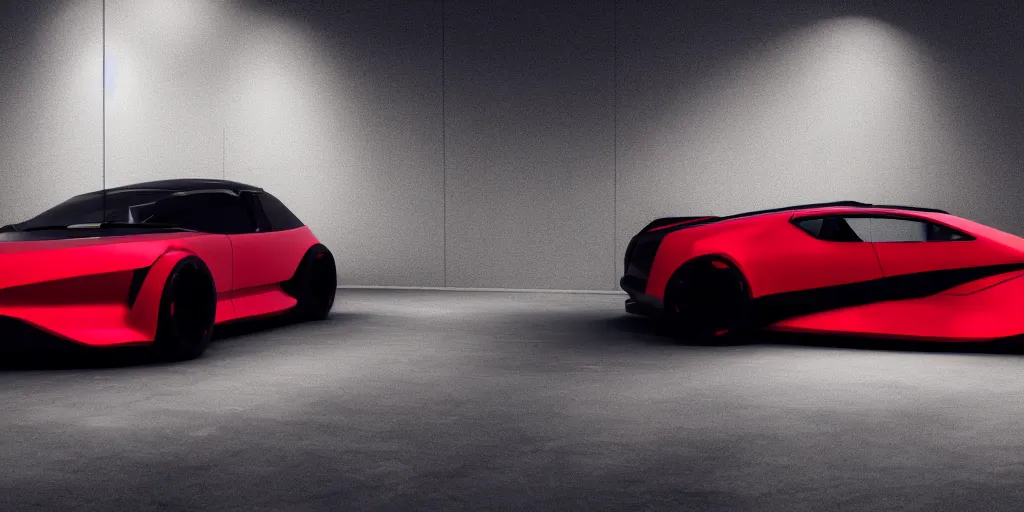 Image similar to a design of a futuristic car, designed by Polestar and DMC, vaporwave sunrise background, brushed red copper car paint, black windows, dark show room, dramatic lighting, hyper realistic render, depth of field