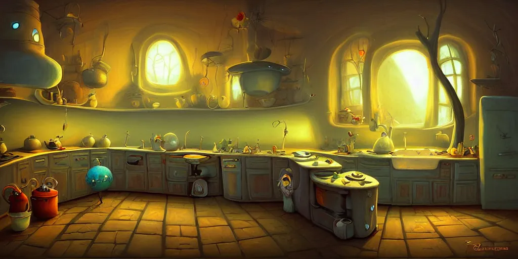 Prompt: curved perspective digital art of a dim lit kitchen from Tim Burtons Nightmare Before Christmas by Gediminas Pranckevicius