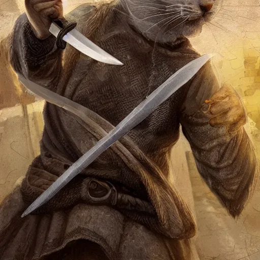 Prompt: a high detail shot of a dirty, homeless cat wielding a sword, realism, 8 k, fantasy, d & d, concept art