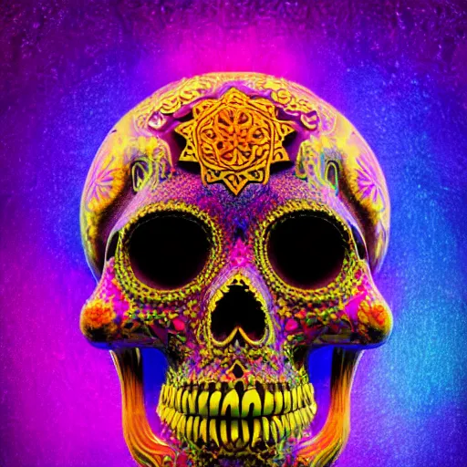 Prompt: a highly detailed photographic render of intricately carved sugar skull, psychedelic, black background, neon light, intricate ornament, gilding, horror, dark fantasy, beautifully lit, ray traced, octane 3D render in the style of Gerald Brom and James Gurney