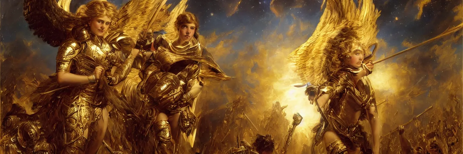 Prompt: a young girl wearing a gold armor in the night sky fighting angels, golden light in the darkness, blood, battlefield, extremely realistic and highly detailed painting by gaston bussiere and j. c. leyendecker 8 k