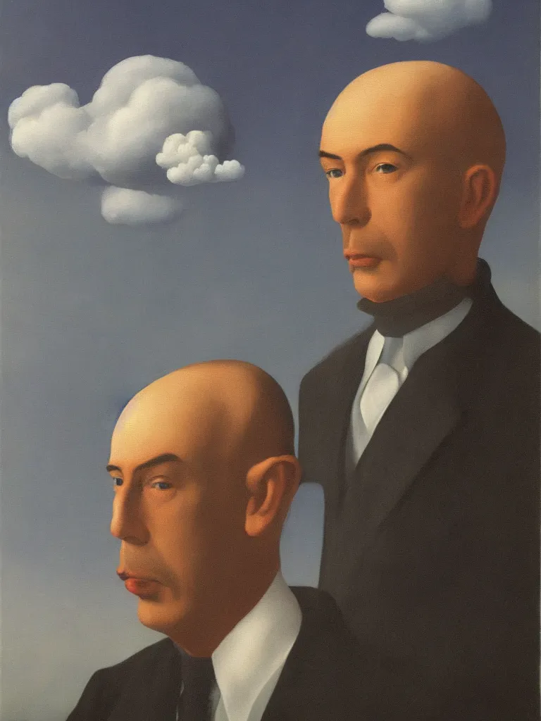 Image similar to portrwit of man with cloud instead of his head by rene magritte, detailed painting, hd, hq, high resolution, high detail, 4 k, 8 k