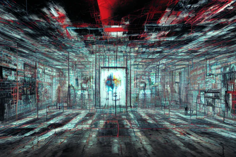 Image similar to the inside of a symmetrical hellish dungeon, multilayer glitch effect in spatial perceptron synapses, matte painting, 4 k, epic composition, volumetric light, abstract illusionism, by robert rauschenberg, konstantinas ciurlionis, jean - michel basquiat, pour paint, modern street art, grunge wall, industrial