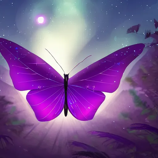 Prompt: a glowing purple butterfly flying through the night sky, in a forest, digital art, artstationhq