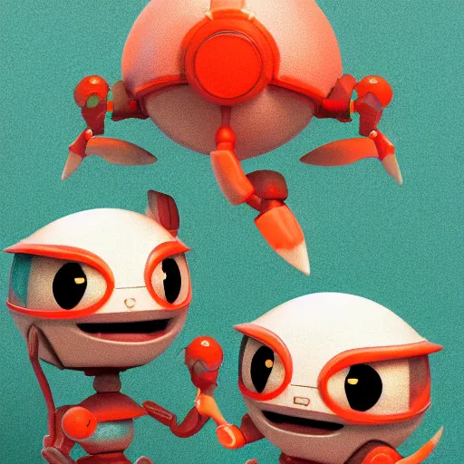 Prompt: two small chubby bots, hyperdetailed colourful, smooth panelling, intricate detail, holding, single eye, style of cute pokemon, rusty arms, antenna, floating, white studio, mechanical, cute toy, gameboy advanced, ambient light, in the style of pixar animation poster, pokedstudios,, blender, octane render, 8 k,
