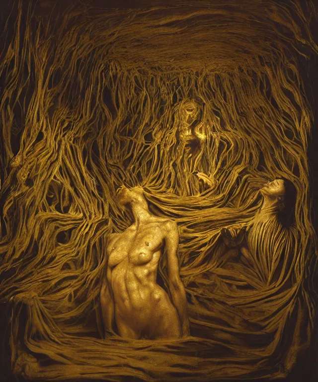 Image similar to The dark room without doors and windows with beautiful full-body wax sculpture of the glowing transparent woman with visible golden bones inside her in the singularity where stars becoming baroque folds of dark matter by Michelangelo da Caravaggio, Nicola Samori, William Blake, Alex Grey and Beksinski, dramatic volumetric lighting, super detailed oil painting, 8k, masterpiece