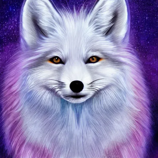 Prompt: luminescent colorful detailed airbrush painting of long haired white fox with cyan and purple gradient fur