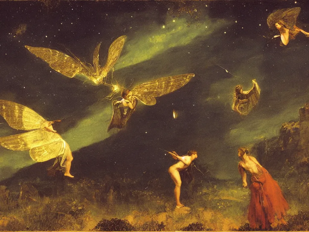 Prompt: Man fighting a phosphorescent moth under the stars, painting by Arnold Bocklin