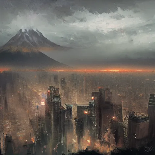 Image similar to a large ominous tsunami in the distance of a city skyline, ominous, eerie, death, craig mullins