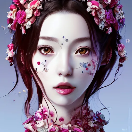 Prompt: the portrait of the absurdly beautiful, graceful, elegant, sophisticated, photorealistic anime woman made of cherries and white petals with tears, an ultrafine hyperdetailed illustration by kim jung gi, irakli nadar, intricate linework, bright colors, octopath traveler, final fantasy, unreal engine highly rendered, global illumination, radiant light, detailed and intricate environment