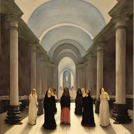 Image similar to procession of women in a gothic temple, dripping watercolor by gottfried helnwein, by hammershøi, highly detailed, art nouveau wallpaper, lights by edward hopper, liminal, eerie, pastel colors, limited palette