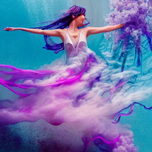 Prompt: beautiful geni morrow dancing underwater wearing a flowing dress made of blue, magenta, and yellow seaweed, delicate coral sea bottom, swirling silver fish, swirling smoke shapes, octane render, caustics lighting from above, cinematic