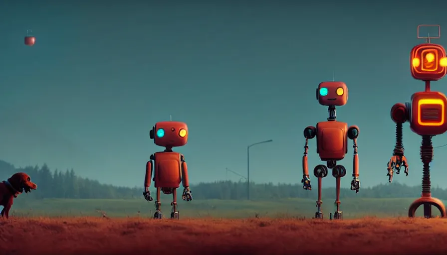 Image similar to tall cute robot with his best dog friend, by Simon Stalenhag, unreal engine, octane render, 8k, rule of thirds