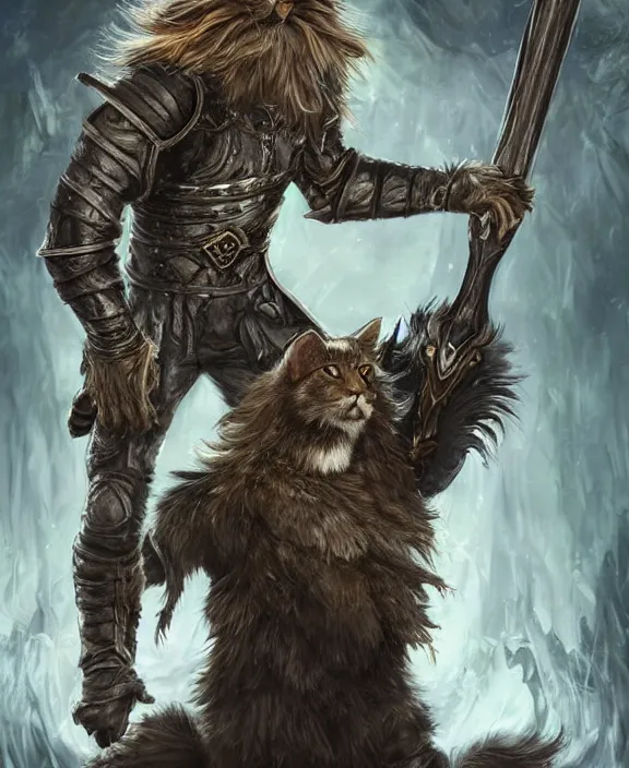 Image similar to humanoid male khajiit rogue, wearing leather armor, mainecoon cat features with black fur, far - mid shot, magic the gathering, fantasy