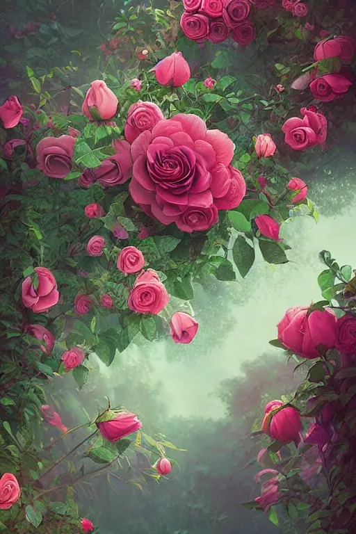 Prompt: beautiful digital matte cinematic painting of whimsical botanical illustration roses by greg rutkowki and alena aenami artstation