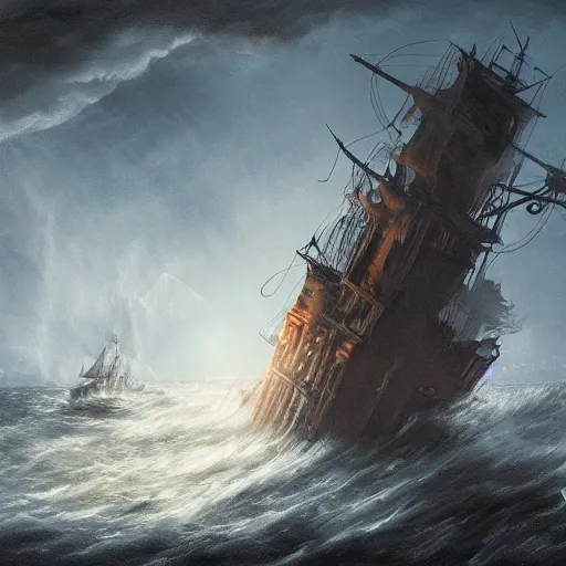 Image similar to ghostly pirate ship sailing on a raging sea, concept art, highly detailed, ultra realistic, intricate, dark colour, tense atmosphere, night sky, shining sea, wrecked ship