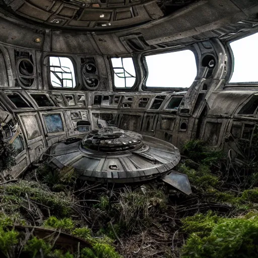 Image similar to overgrown desolate abandoned millenium falcon