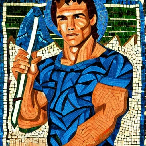 Prompt: ancient greek mosaic of young arnold schwarzenegger holding a big zelda sword