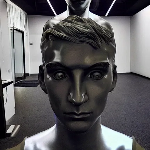 Image similar to “a realistic detailed photo of a guy who is an attractive humanoid who is half robot and half humanoid, who is a male android, twitch streamer and youtuber Ninja Tyler Blevins, shiny skin, posing like a statue, blank stare”