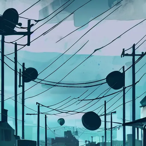 Image similar to teal and white colors. Utility poles in style of cytus and deemo, mysterious vibes, set in half-life 2, beautiful with eerie vibes, very inspirational, very stylish, surrealistic, perfect digital art, mystical journey in strange world, bastion game