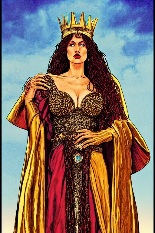 Image similar to Portrait of historically accurate, ancient biblical, sultry, sneering, evil, pagan, wicked, queen jezebel, wearing gilded robes, long hair, intricate, elegant, highly detailed, masterpiece, illustration, art by Jean Giraud, highly detailed, trending on artstation, award winning