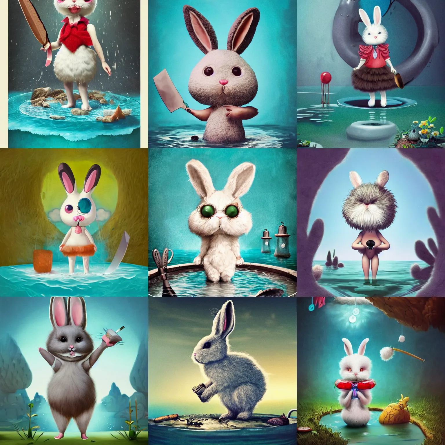 Prompt: a cute fluffy rabbit standing in a pool of water, holding a flint knife, slicing the air. pop surrealism, contemporary art illustration, character concept art,, intricate highly detailed 8 k, artstation, art genevieve gauckler, loomis, surreal portrait photography, gary baseman, sharp focus, juxtapoz magazine illustration aesthetic