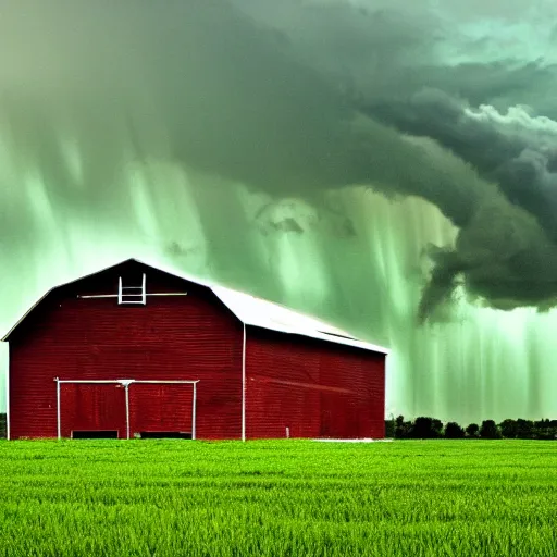 Image similar to A horrible thunderstorm overtop a field with a barn