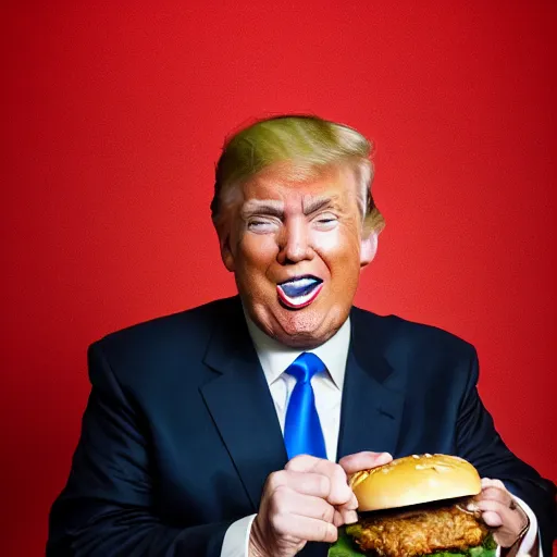 Image similar to photo still of donald trump! licking! a burger with his! tongue! out, mmmmm, moist, studio portrait photo, studio lighting, rim light, key light, food photography, 3 5 mm f 1. 8