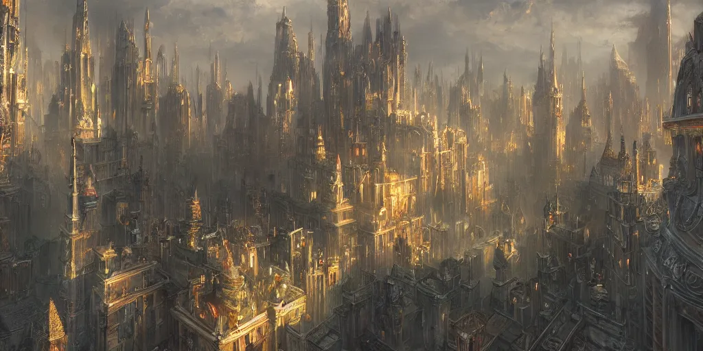 Image similar to breathtaking detailed concept art painting of fantasy city, ornate background, by james gurney, extremely moody lighting, 8 k