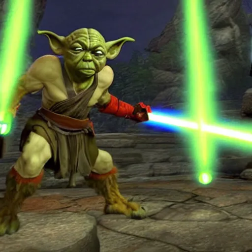 Prompt: kratos fighting yoda with a yellow lightsaber