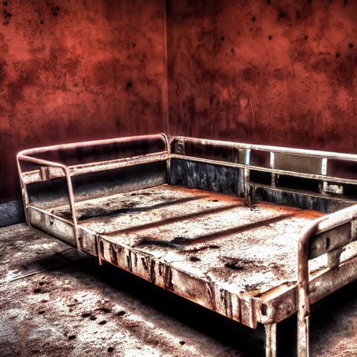 Image similar to high definition colour photo of a rusty old hospital bed in an abandoned hospital, real life photography, horror, biological photo, fullbody, dynamic lighting, beautiful