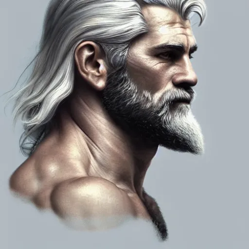 Image similar to half body portrait of rugged zeus, greek god, 4 0 years old, handsome, white hair, soft hair, upper body, muscular, hairy torso, fantasy, intricate, elegant, highly detailed, digital painting, artstation, concept art, smooth, sharp focus, illustration, art by artgerm and greg rutkowski and alphonse mucha