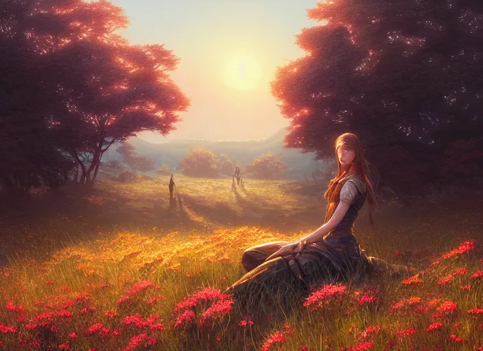 Image similar to detailed intricate digital illustration by greg rutkowski and artgerm and wlop and sanford robinson gifford ; 2 0 0 4 vehicle, beautiful meadow with colorful flowers in background ; 1 3 mm film, arri alfa anamorphic lens ; sharp focus, golden hour lighting, trending on artstation 4 k ; close view