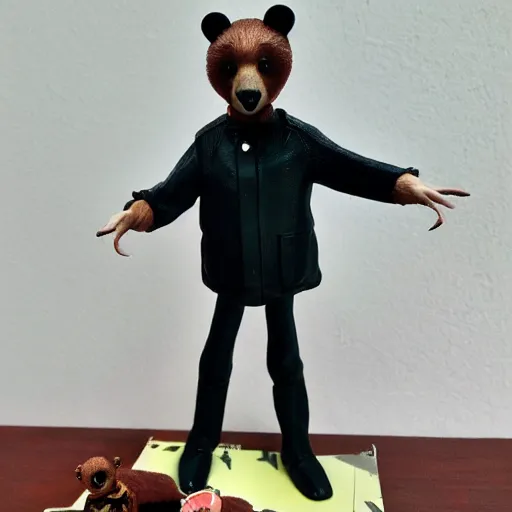 Prompt: audrey hepburn cos play bear outfit, stop motion vinyl action figure, plastic, toy, butcher billy style