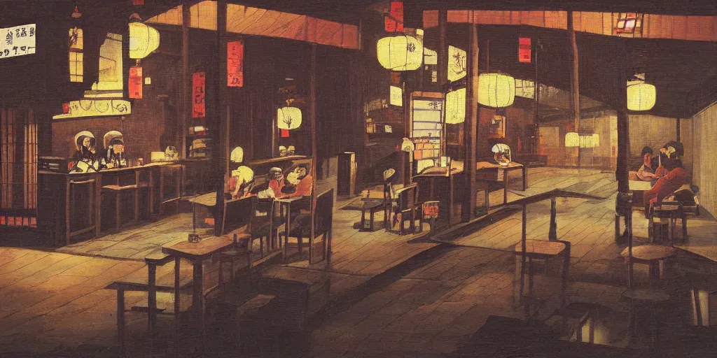 Image similar to A Japanese cafe in the style of the Nighthawk painting, highly detailed, mysterious atmosphere