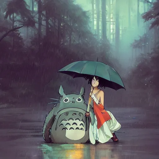 Image similar to Totoro is holding an umbrella in the rain, sci-fi, fantasy, highly detailed, digital painting, artstation, concept art, smooth, sharp focus, illustration, art by artgerm and greg rutkowski and alphonse mucha