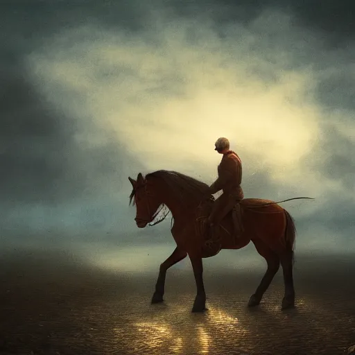Prompt: a man riding a horse into the night, dark, blue hour, cinematic lighting, by alan lee, intricate, grim, digital art, trending on artstation