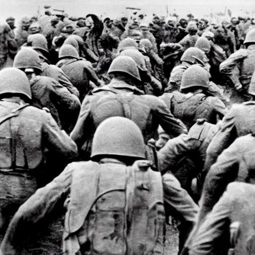 Image similar to the running soldiers in the d - day, by robert capa,
