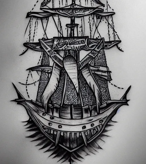 Image similar to A realistic tattoo design sketch of a pirate ship, paper background, black and white tattoo, highly detailed tattoo, shaded tattoo, hyper-realistic tattoo