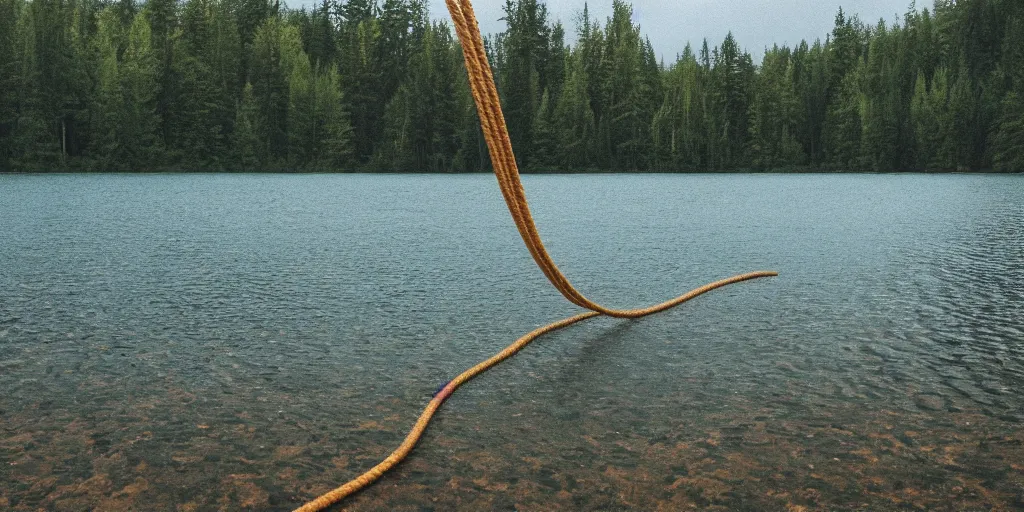 Image similar to centered photograph of a long rope snaking directly on the surface of the water, rope center of the lake, a dark lake on a cloudy day, color film, trees in the background, hyper detailed photo, anamorphic lens