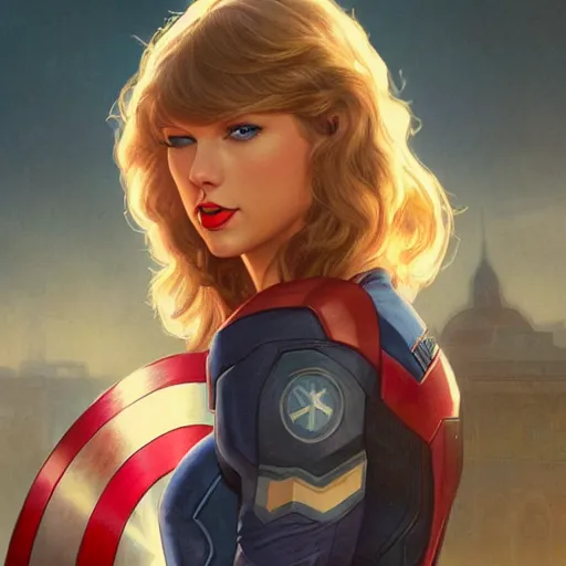 Image similar to Taylor Swift as Captain America, portrait, highly detailed, digital painting, artstation, concept art, sharp focus, illustration, cinematic lighting, art by artgerm and greg rutkowski and alphonse mucha