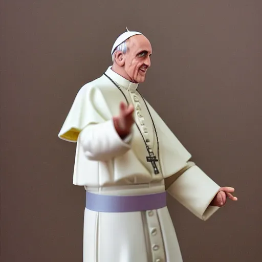 Image similar to action figure of pope francis. advertising photograph, photographic, hyperreal, 3 5 mm