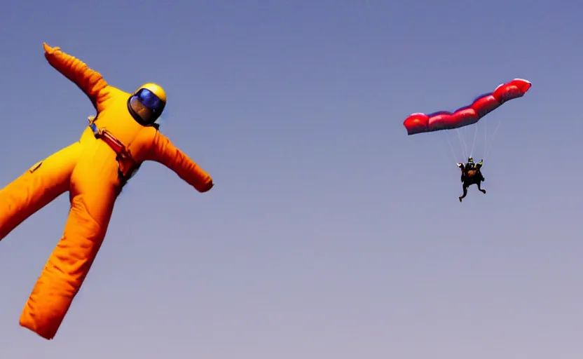 Prompt: color photo. closeup of a skydiver jumping. plane in the background 8 0'style