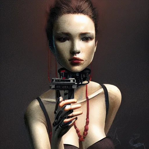 Prompt: a portrait of an attractive robot smoking by greg rutkowski, sung choi, mitchell mohrhauser, maciej kuciara, johnson ting, maxim verehin, peter konig, 8 k photorealistic, cinematic lighting, hd, high details, dramatic, dark atmosphere, trending on artstation