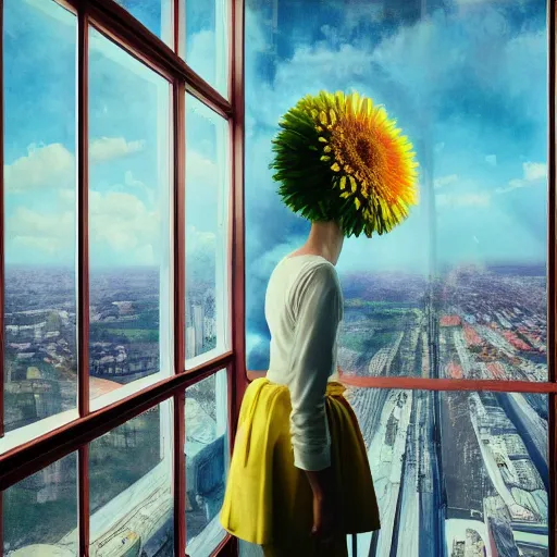 Prompt: huge daisy flower head, woman with suit, standing in modern window in luxury apartment, surreal photography, sunlight, impressionist painting, digital painting, artstation, simon stalenhag