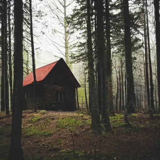 Prompt: a extremly blurry photo of a Eerie cabin in the middle of the woods in the style of old 2000 iphone