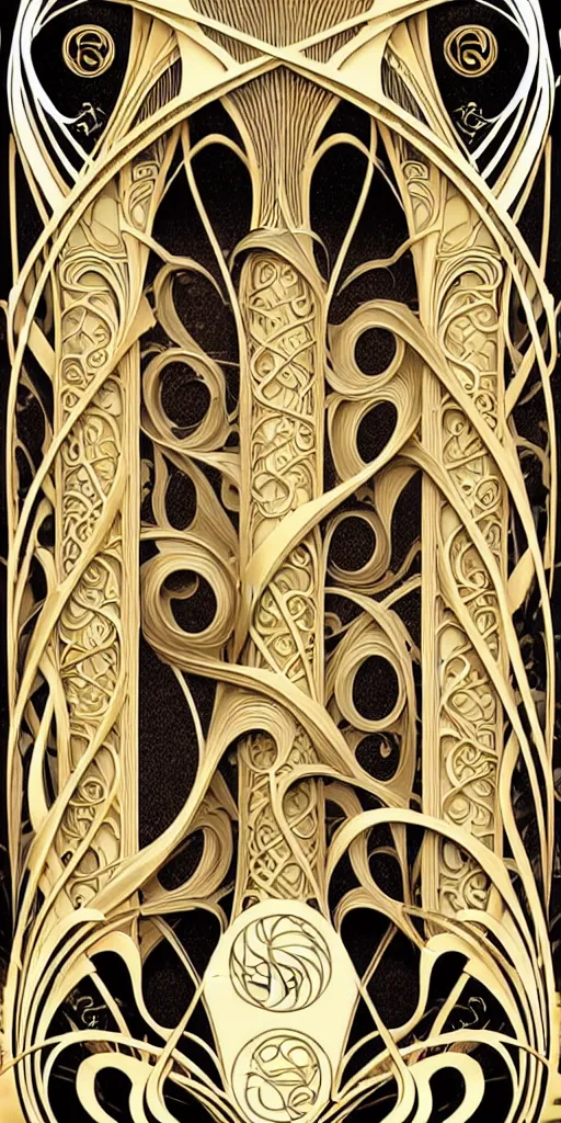 Image similar to the source of future growth dramatic, elaborate emotive Art Nouveau styles to emphasise beauty as a transcendental, seamless pattern, symmetrical, large motifs, hyper realistic, 8k image, 3D, supersharp, Art nouveau curves spirals and swirls, goldplated surfaces, Flying silk fabric, glittery iridescent and black and gold colors , pastel colors, perfect symmetry, iridescent, High Definition, sci-fi, Octane render in Maya and Houdini, light, shadows, reflections, photorealistic, masterpiece, smooth gradients, high contrast, no blur, sharp focus, photorealistic, insanely detailed and intricate, cinematic lighting, Octane render, epic scene, 8K