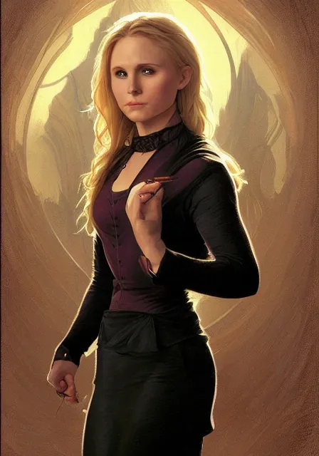 Image similar to kristen bell buffy the vampire slayer, intricate, elegant, highly detailed, digital painting, artstation, concept art, smooth, sharp focus, illustration, art by artgerm and greg rutkowski and alphonse mucha and william - adolphe bouguereau